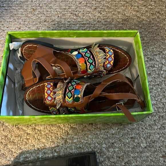 SAM EDELMAN Lanai Embellished Strappy Flat Sandals In Saddle - Picture 14 of 14